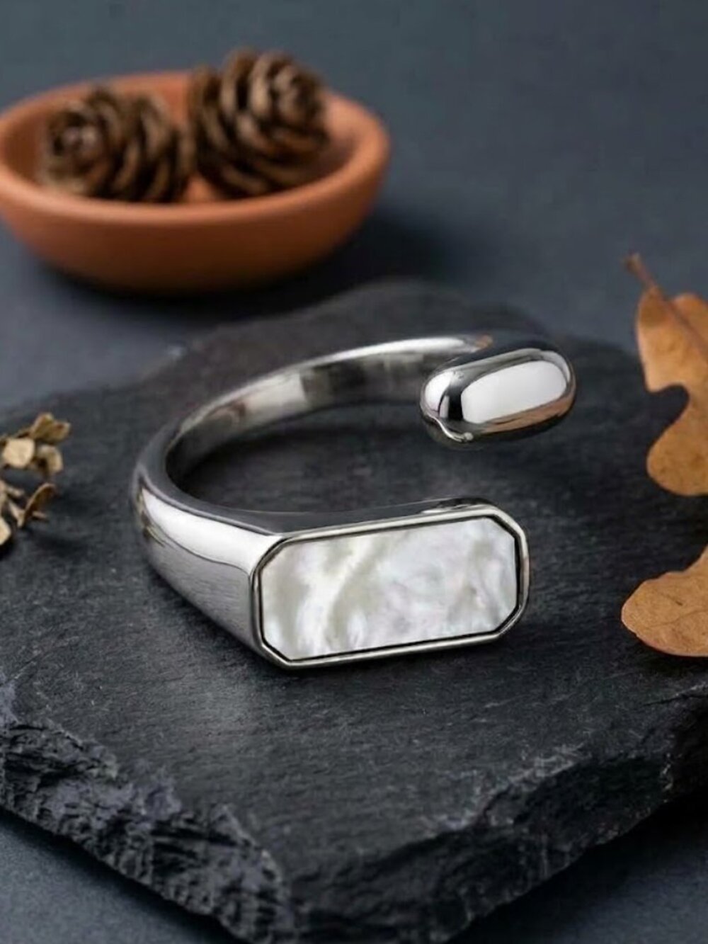 Mother of Pearl Signet Ring Minimalist White Gold Plated Stainless Adj Size 5-10